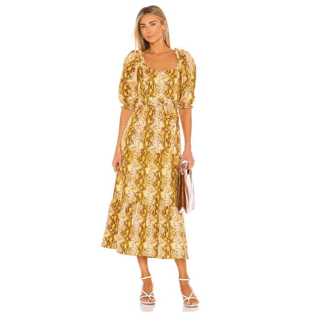 NWT Faithfull the Brand Womens Orange Brown Rumi Snake Print Midi Dress Size 8